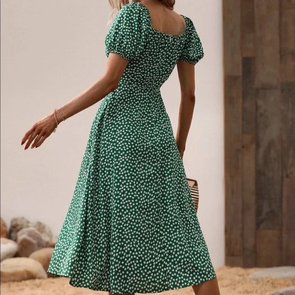 Boho polka dots puff sleeve slit thigh dress - Picture 7 of 16